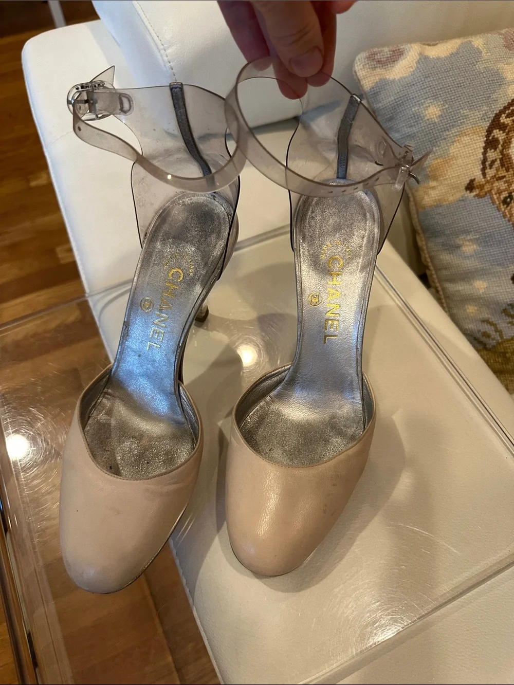 CHANEL Beige Leather Pumps with Clear Ankle Strap